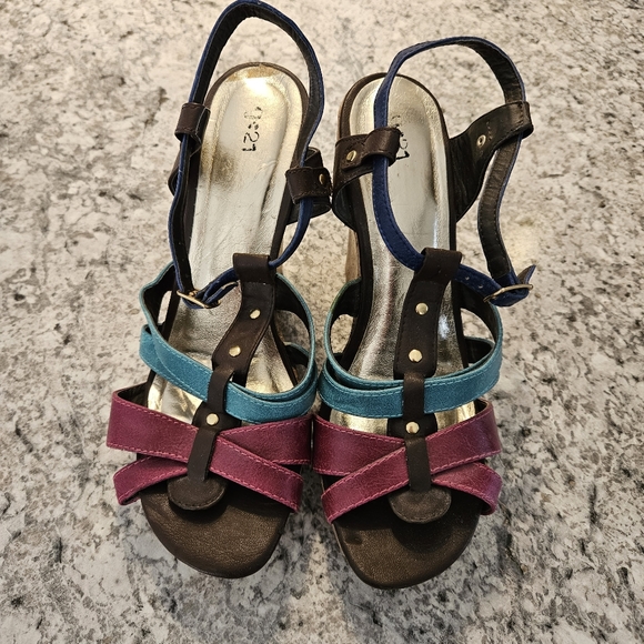 Size 10 Cork Wedge Colorful Heeled Sandals - Picture 3 of 10